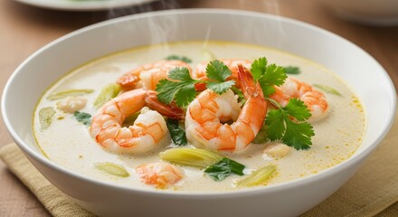 Photo of Creamy Shrimp Soup with Fresh Cilantro and Vegetables in a Bowl