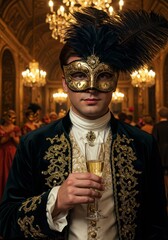 Elegant Man in Gold Mask Holding Champagne at a Gala Event Photo