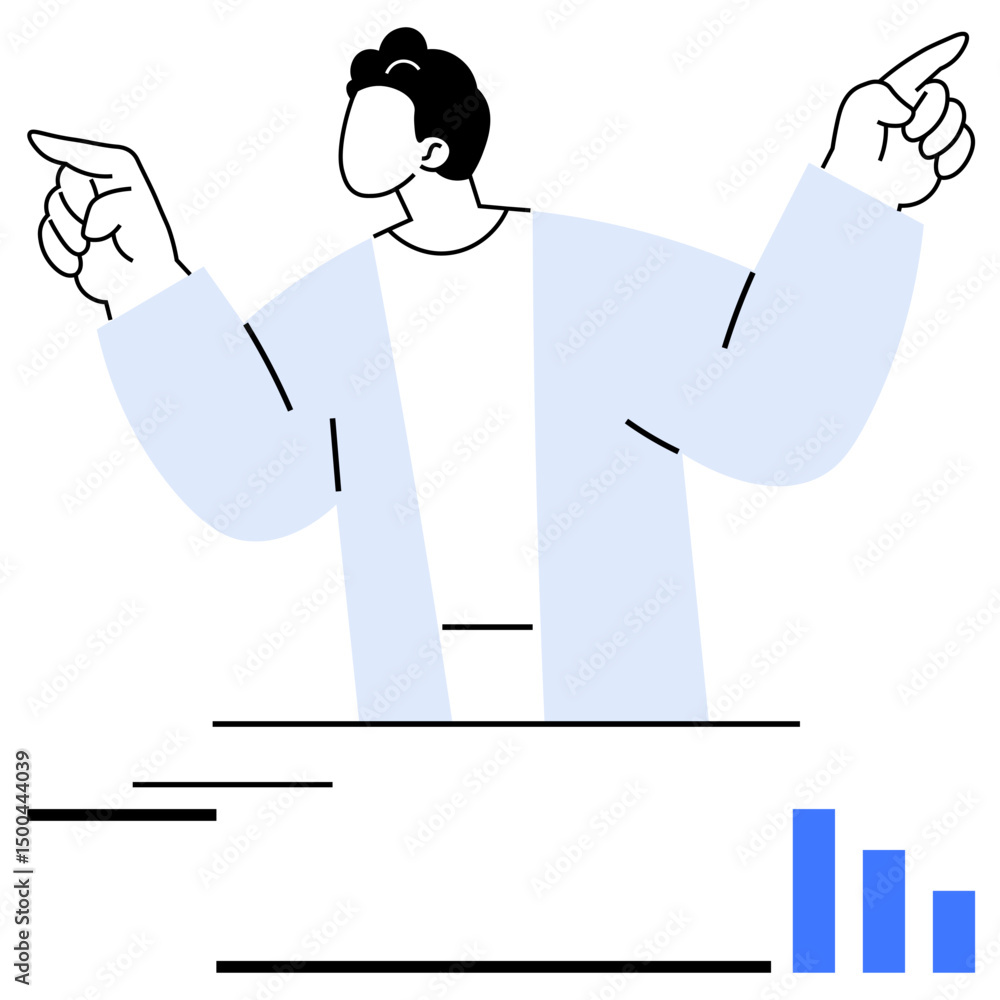 Aufkleber person gesturing confidently with raised hands, explaining concepts supported by bar chart graphics.