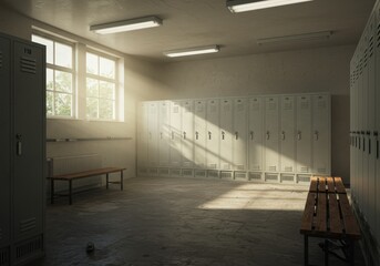 Photo Of Empty Locker Room With Sunlight Through Window And Wooden Benches