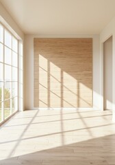 Obraz premium Photo of Empty Room Interior with Sunlight and Wooden Wall in Bright Daylight