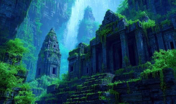 Tempio antico nella giungla, luce eterea