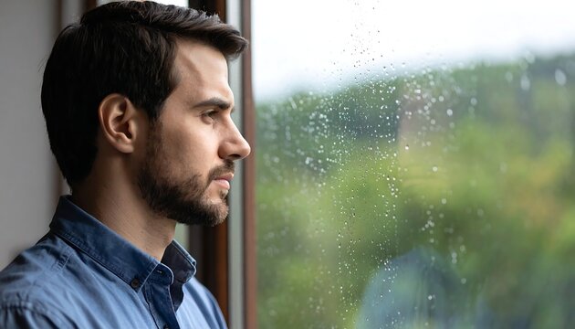 Man looking out rainy window.