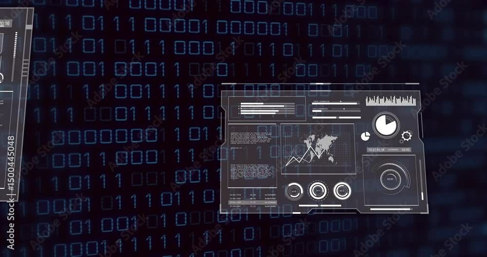 Poster Dark binary code matrix appearing panels sliding merging arranging into dashboard for visualization
