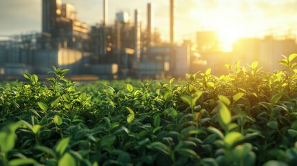 Green plants thriving in foreground with industrial complex at sunset