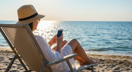 Photo of a Woman in Straw Hat Using Mobile Phone on Beach during Sunset