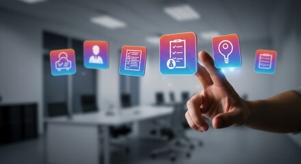 Hand interacting with digital interface selecting task management icons for productivity boost