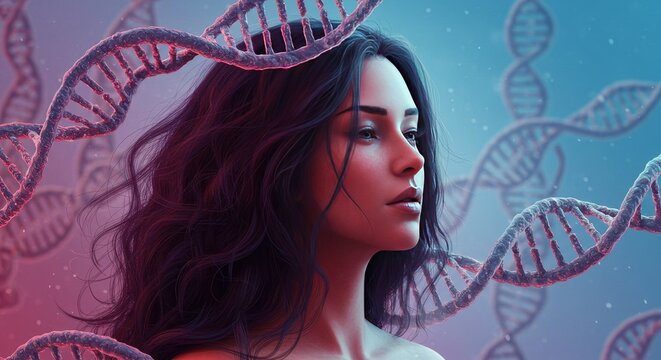 Photo of A Woman With DNA Strands Against Blue And Red Background - Powered by Adobe