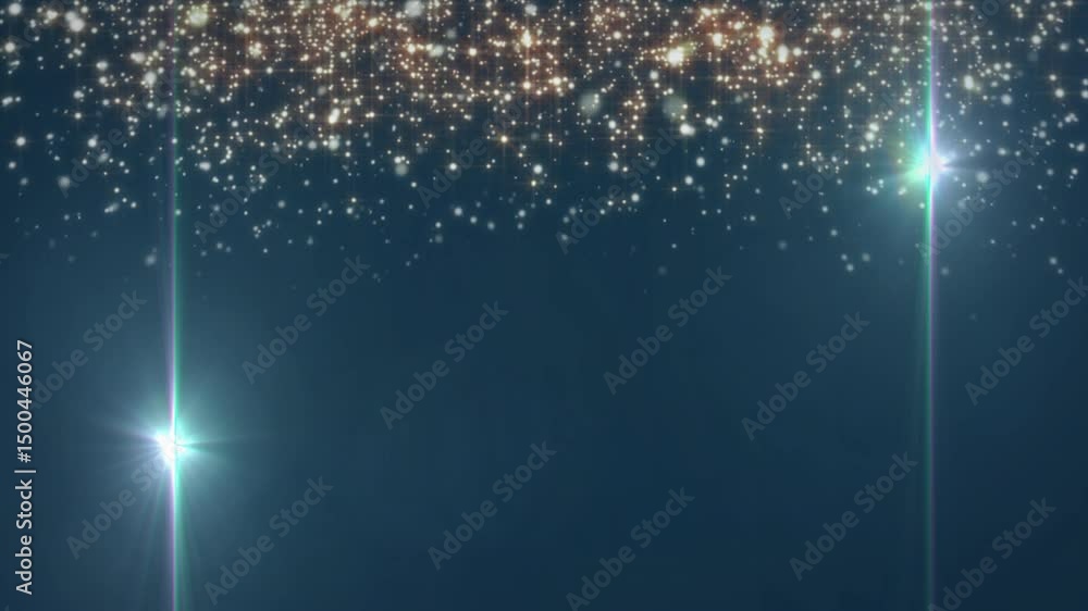 Poster sparkle band appearing at top initiating golden particles cascading generating shimmering ambiance