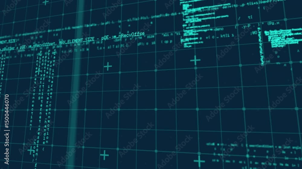 Poster glowing-blue particles sparking on 3d teal wireframe grid and migrating to organize code streams
