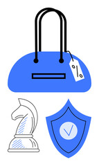 Blue handbag with a discount tag, a chess knight symbolizing strategy, and a checkmarked shield for security. Ideal for retail, e-commerce, strategy, savings, safety, planning simple landing page