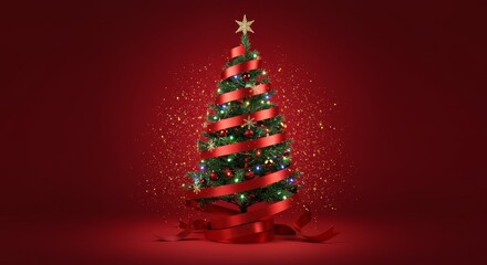 Fototapeta premium Festive Christmas Tree Decorated With Red Ribbon and Golden Sparkles Photo