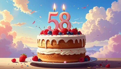 58 years. Birthday Anniversary Sweet Cake. An anniversary greeting card or banner