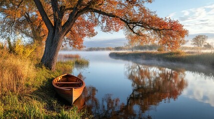 Autumn River: Rowboat, Tree, Fog