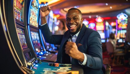 Man Wins at Casino Slot Machine.