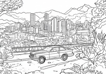Fototapeta premium Paesaggio urbano in bianco e nero con automobile classica