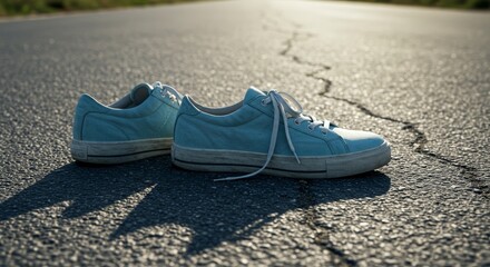 Fototapeta premium Photo Of Blue Sneakers On Asphalt Road With Sunlight and Shadow