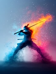 Obraz premium Astral Mage Samurai Conjuring Energy in Swirling Colors of Light