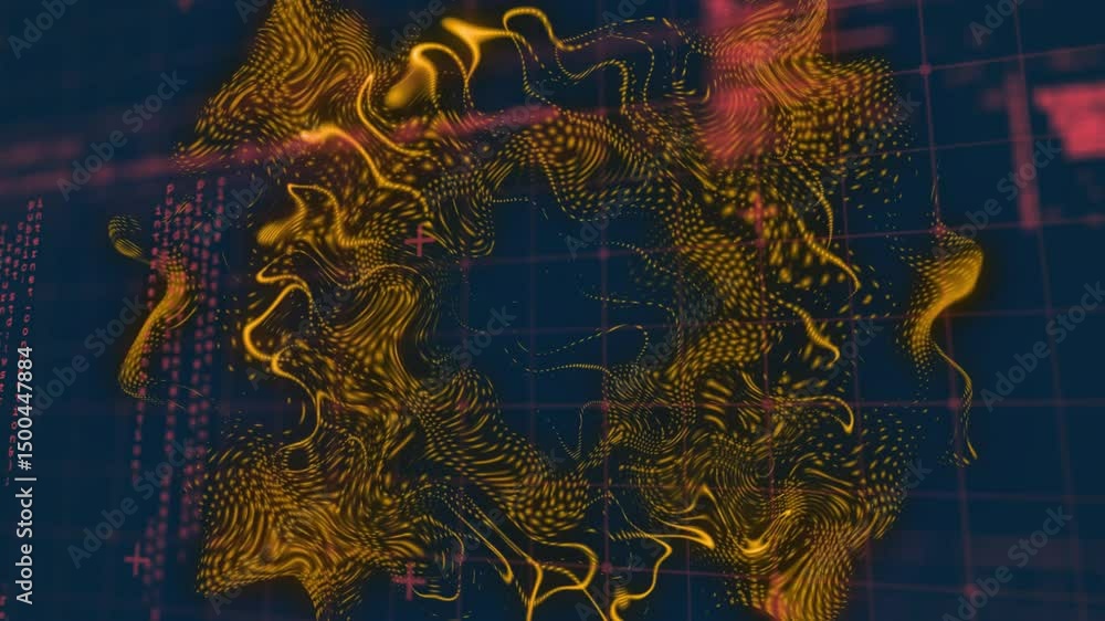 Poster glowing red grid merging golden mesh forming sphere while code panels sliding showing data