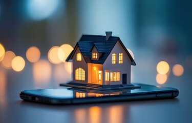 Miniature house model on smartphone at night