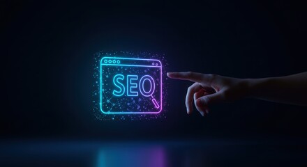 Digital marketing seo strategy concept with neon browser and hand pointing for web optimization