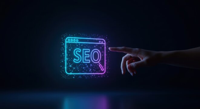 Digital marketing seo strategy concept with neon browser and hand pointing for web optimization