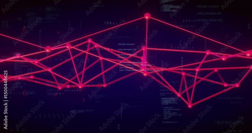 Poster dark code backdrop flickering causing red nodes and pulsing lines emerging visualizing data pulses