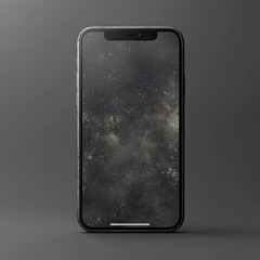 Smartphone displaying a dark, space-themed wallpaper featuring subtle gold speckles and nebulous clouds, set against a gray background