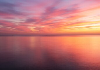 Fototapeta premium Photo of Fiery Sunset over Calm Water Reflecting Clouds and Colors