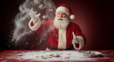 Photo of Santa Claus Baking and Throwing Flour and Cookies with Red Background