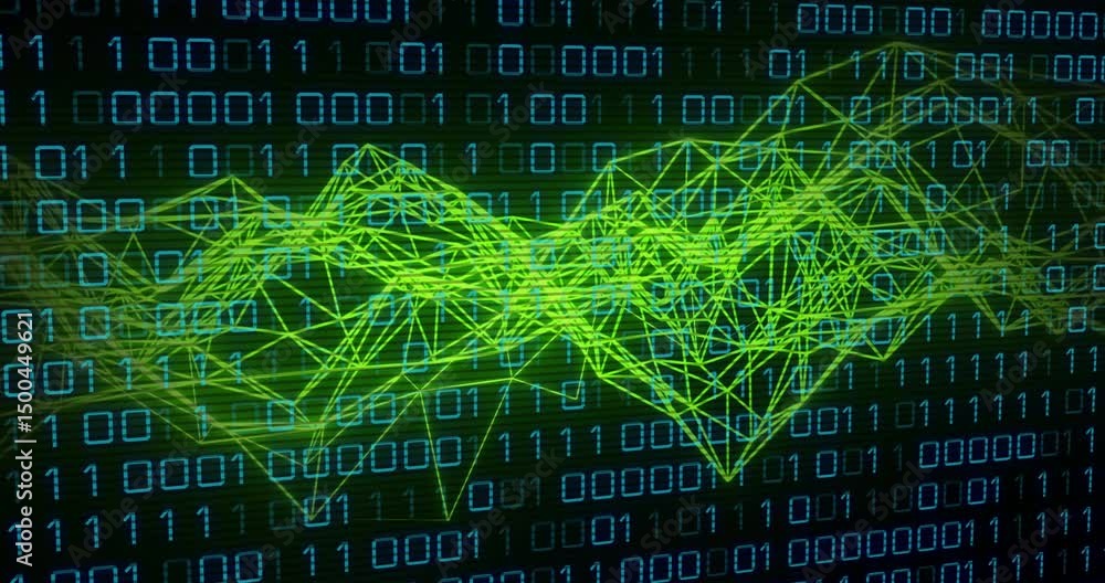 Poster at start neon green mesh appearing, crest shifting, digits pulsing visualizing real-time data