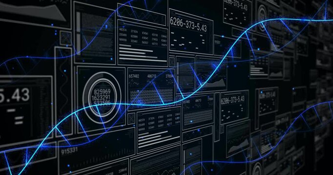 Lower left starting glowing blue waveform pulsing through panels updating gauges scanning data