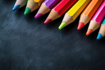 Colorful pencils arranged on a dark textured surface