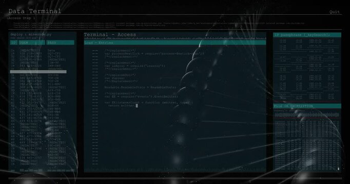Rotating helix starting terminal interface loading files filling code tables showing process flow