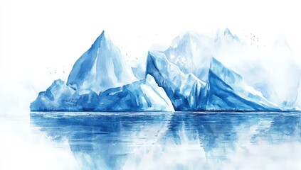 Watercolor icebergs, mountain-like forms, reflected on water