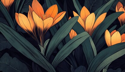 Orange crocuses in dark foliage