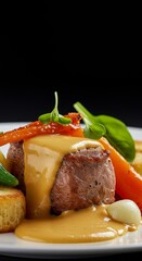 Photo of Gourmet Food Dish with Meat Carrot and Sauce on Plate