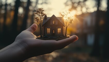 Miniature house held in hand, sunlight filtering through trees