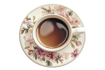 Overhead view of a coffee cup and saucer with floral design