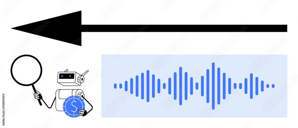 Poster robot with magnifying glass and coin examines data, highlighted by sound waves and an arrow symboliz