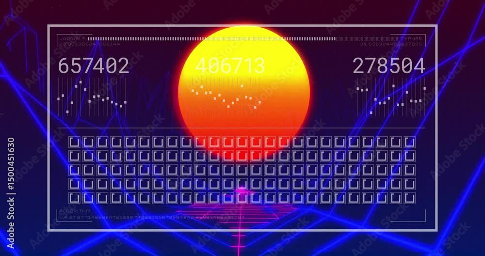 Poster hud border fading starting numeric panels updating every second to visualize trends on retro grid