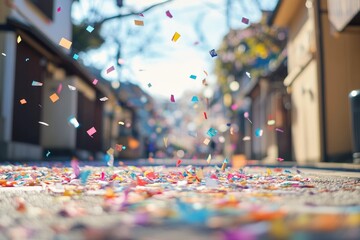Colorful confetti raining down a street