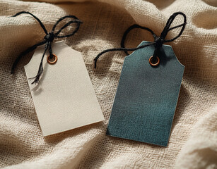 Elegant Blank Gift Tags with Rustic Twine Bows on Linen Fabric