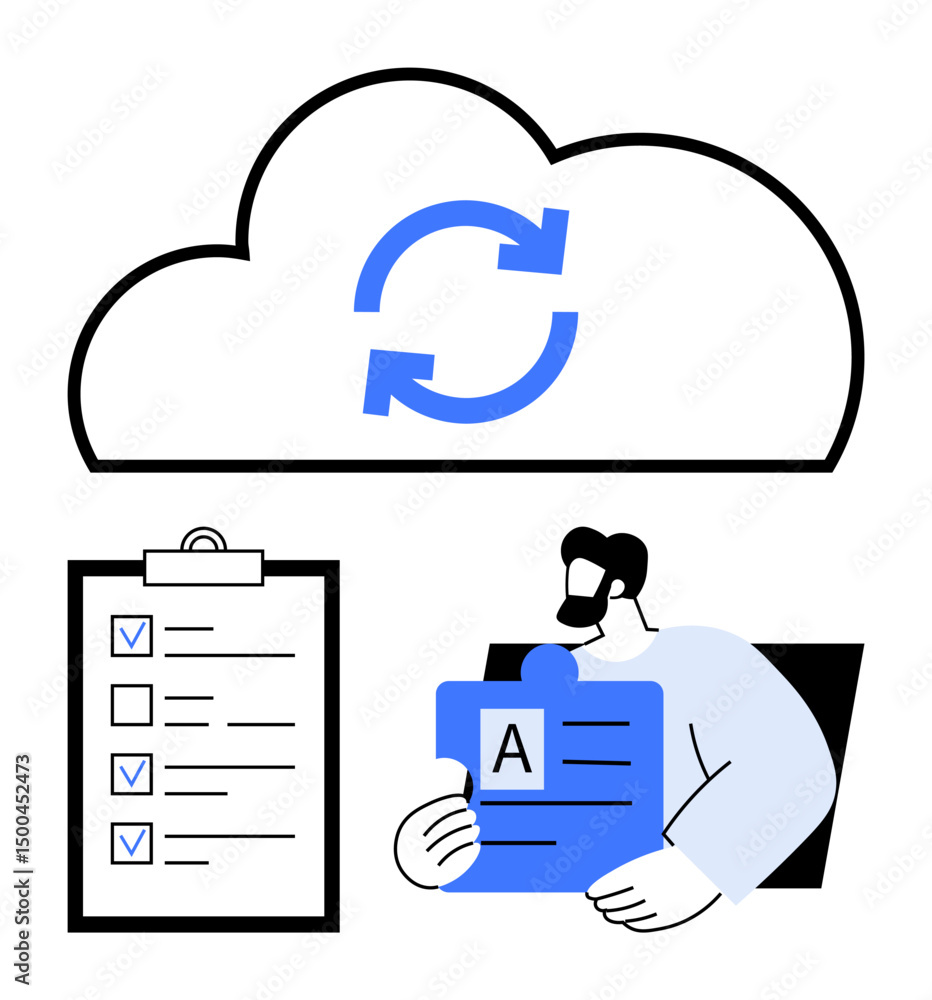 Poster man holding document piece with alphabet a, checklist clipboard and cloud icon with refresh arrows. 