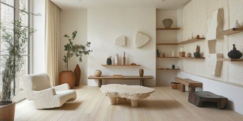 Minimalist, light-filled living space with natural elements