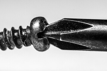 Macro photography of a screw and a screwdriver