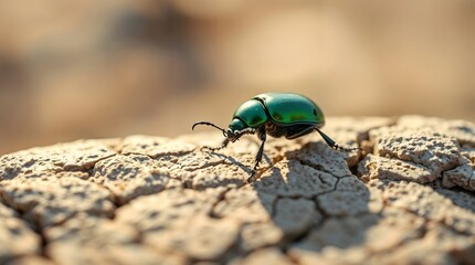 Macro photo of a green beetle with iridescent shell on desert stone, highlighting nature&rsquo;s texture and contrast.