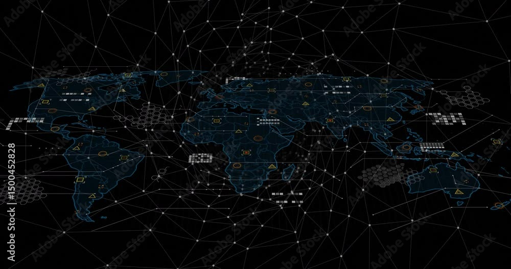 Poster grid rotating, map outlines fading, data icons appearing and pulsing, representing global data flow