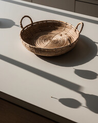 Handcrafted Woven Basket with Handles sits on neutral surface, sunlight casts shadows.