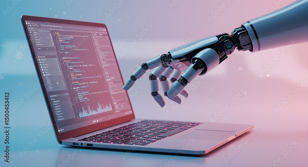 Poster robotic hand pressing a keyboard on a laptop 3d rendering